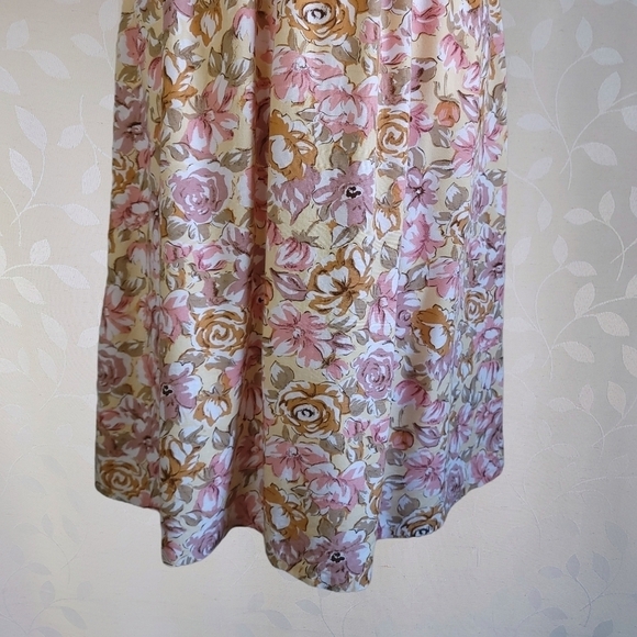 Vintage 90s Romantic Floral Pleat Front Knee Length Dress Bentley Yellow Pink 6 - Picture 7 of 16